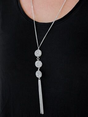 Triple Shimmer -  Silver Tone White Disc Tassel Long Necklace & Earrings Set